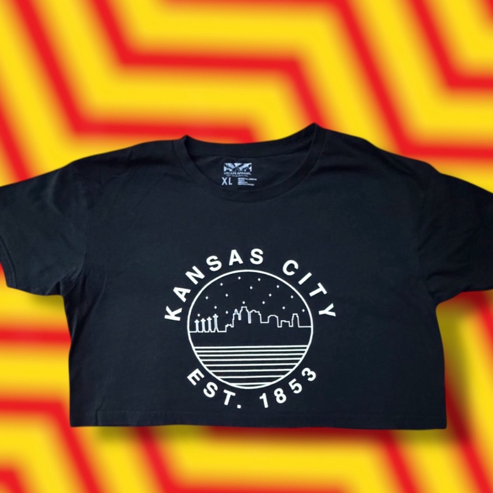 Vintage Style Black Crop Tee with White Kansas City Skyline Graphic